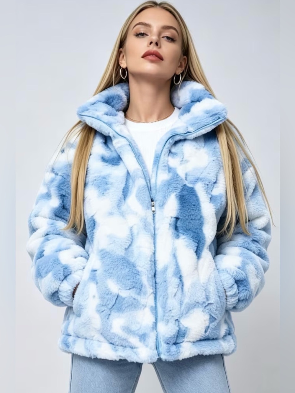 Plush Blue & White Faux Fur Zip Jacket